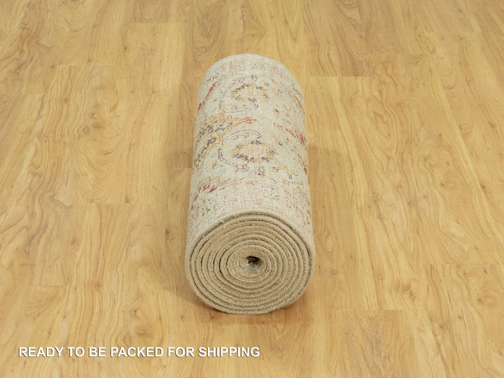 2'9" x 15'10" New Hand Knotted Beige Wool & Silk Runner Oriental Rug - MOA10290528