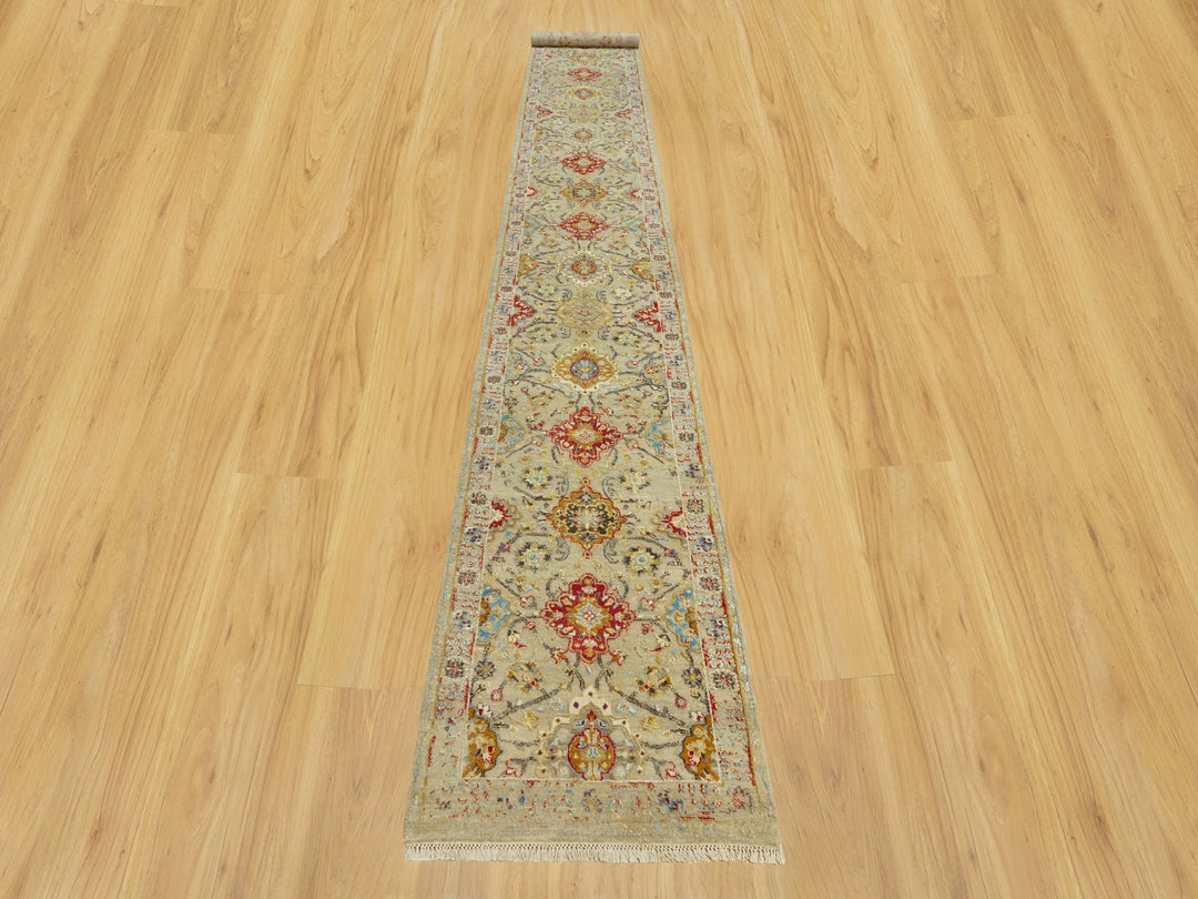 2'9" x 18'0" New Hand Knotted Beige Wool & Silk Runner Oriental Rug - MOA10290530