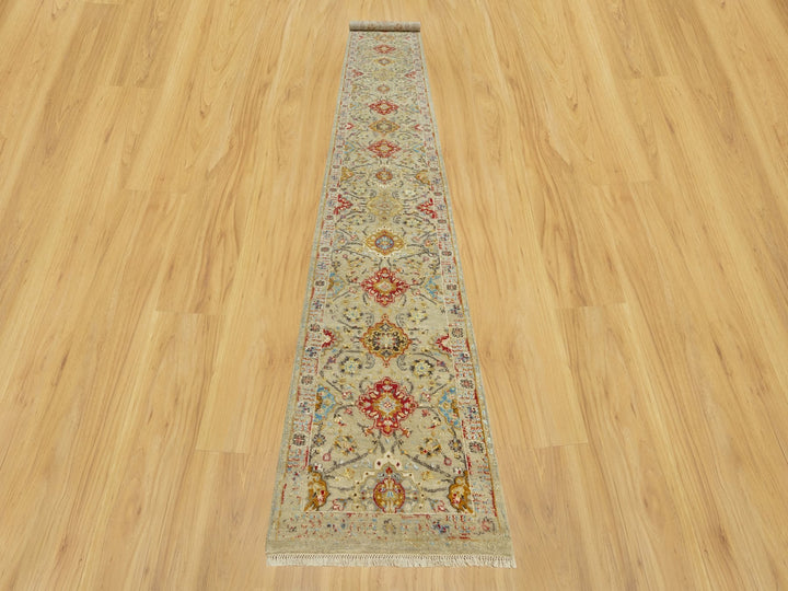 2'9" x 18'0" New Hand Knotted Beige Wool & Silk Runner Oriental Rug - MOA10290530