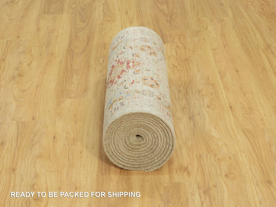 2'9" x 18'0" New Hand Knotted Beige Wool & Silk Runner Oriental Rug - MOA10290530