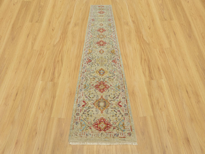 2'8" x 15'10" New Hand Knotted Beige Wool & Silk Runner Oriental Rug - MOA10290531