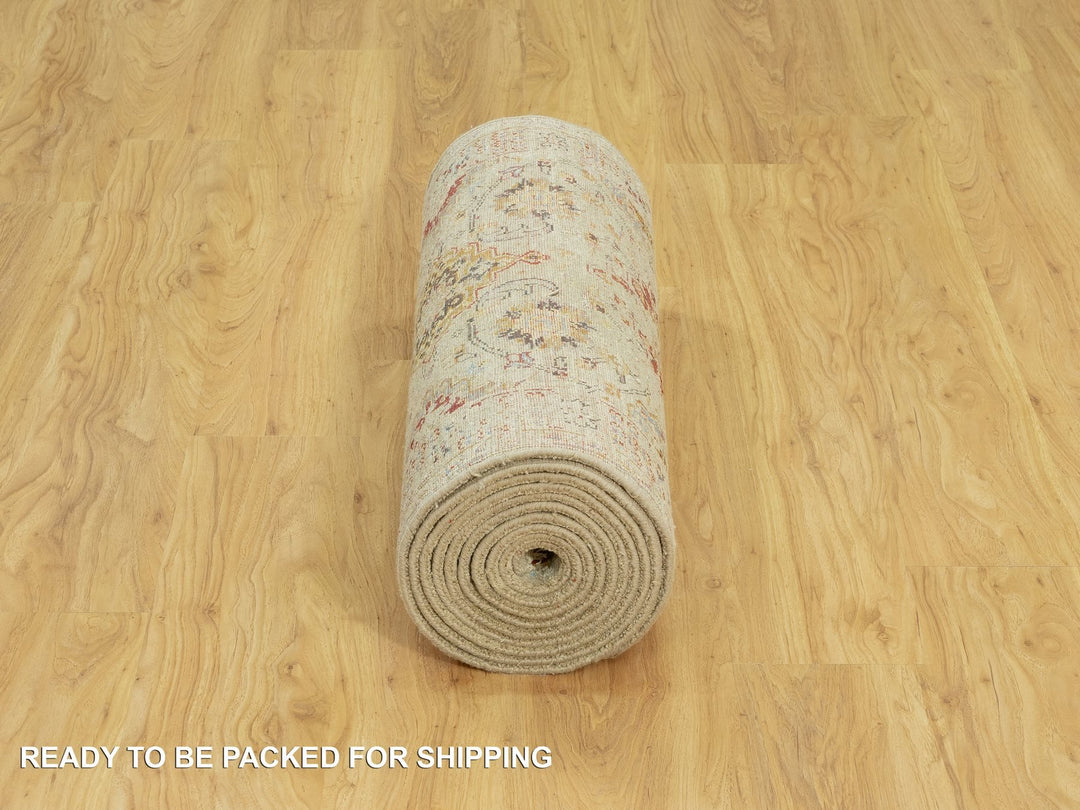 2'8" x 15'10" New Hand Knotted Beige Wool & Silk Runner Oriental Rug - MOA10290531