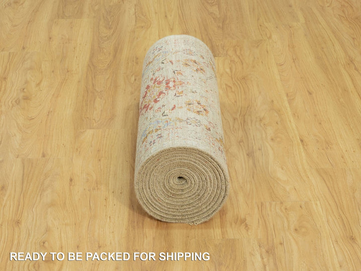2'9" x 17'11" New Hand Knotted Beige Wool & Silk Runner Oriental Rug - MOA10290532