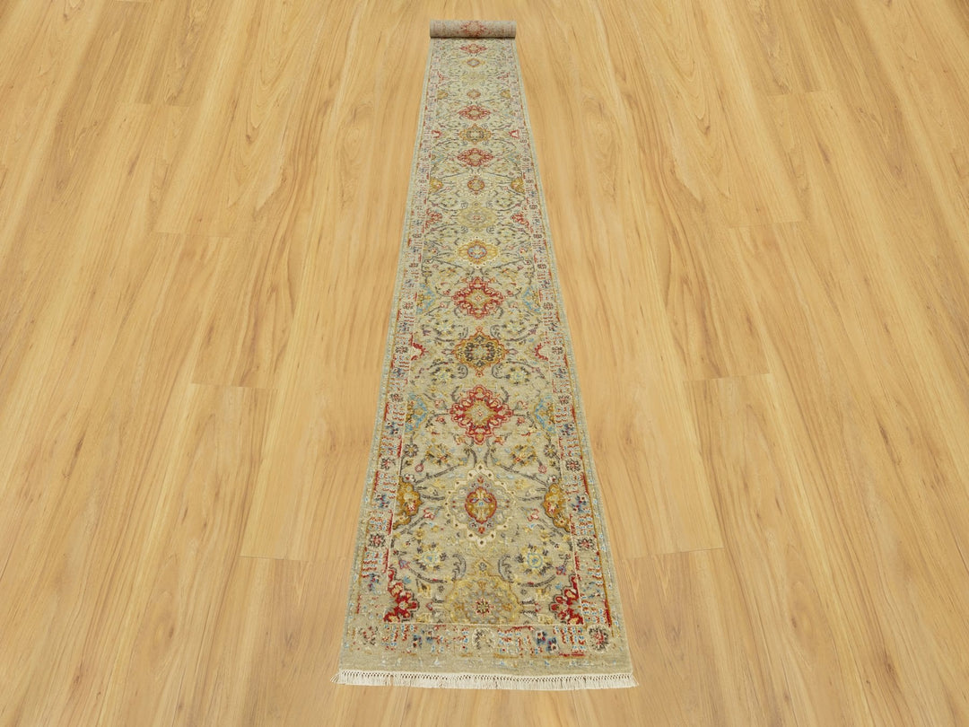 2'7" x 19'10" New Hand Knotted Beige Wool & Silk Runner Oriental Rug - MOA10290533