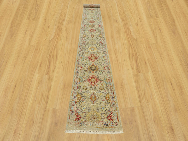 2'7" x 19'10" New Hand Knotted Beige Wool & Silk Runner Oriental Rug - MOA10290533
