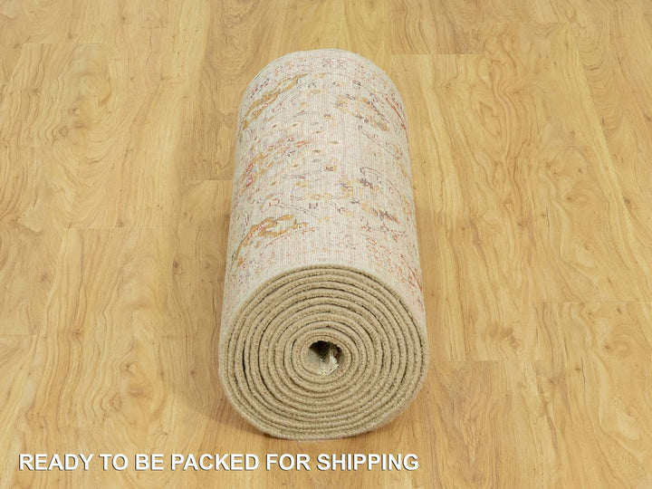 2'7" x 19'10" New Hand Knotted Beige Wool & Silk Runner Oriental Rug - MOA10290533