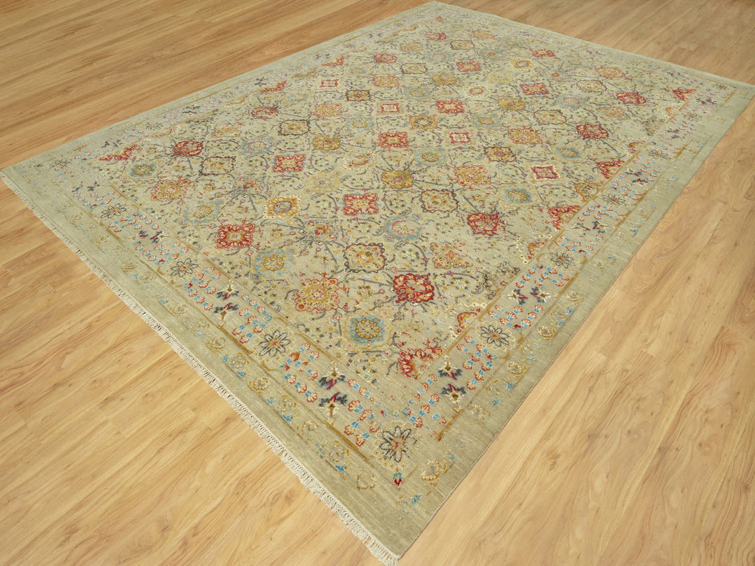 10'3" x 13'10" New Hand Knotted Beige Wool & Silk Rectangle Oriental Rug - MOA10290535