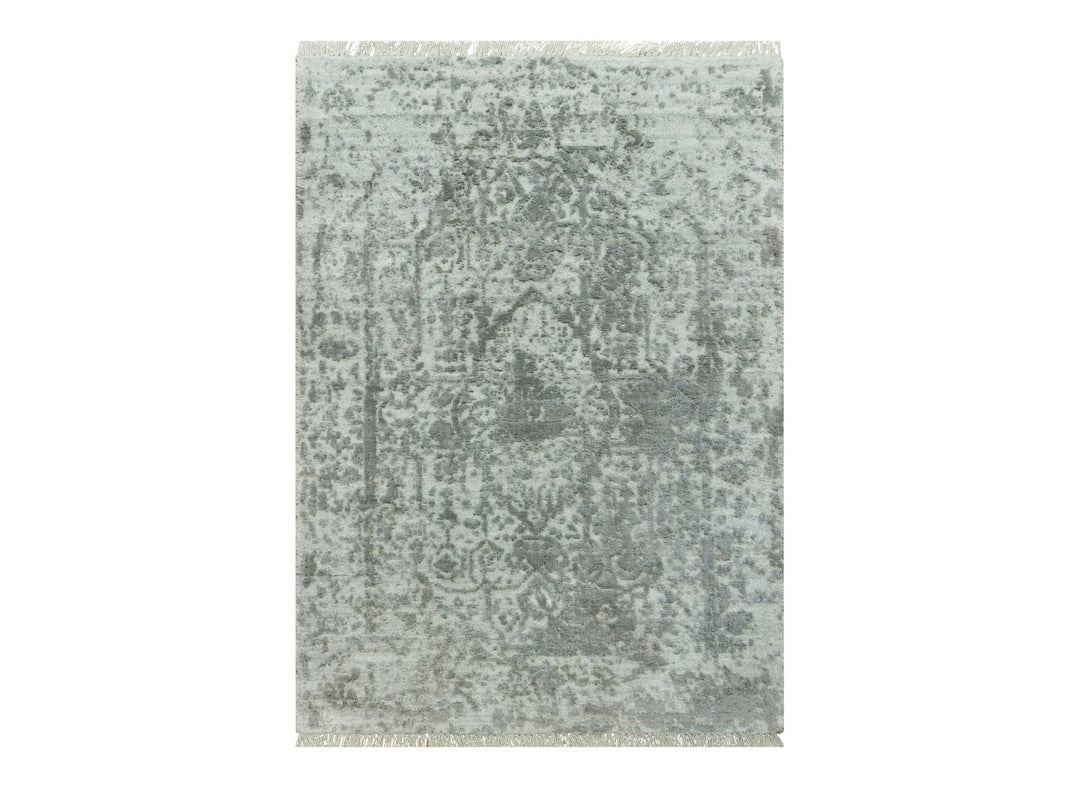 1'11" x 3'2" New Hand Knotted Grey Wool & Silk Rectangle Oriental Rug - MOA10290537