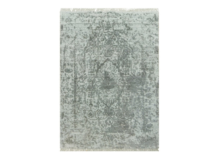 1'11" x 3'2" New Hand Knotted Grey Wool & Silk Rectangle Oriental Rug - MOA10290537