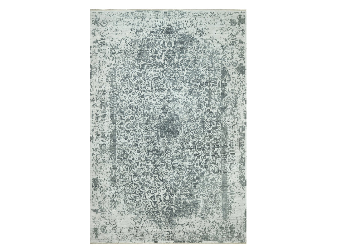 12'1" x 18'0" New Hand Knotted Grey Wool & Silk Rectangle Oriental Rug - MOA10290546