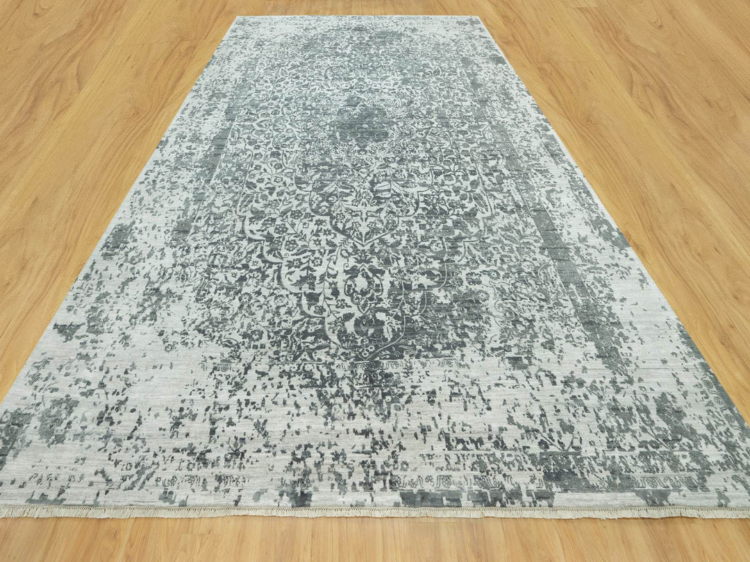 12'1" x 18'0" New Hand Knotted Grey Wool & Silk Rectangle Oriental Rug - MOA10290546
