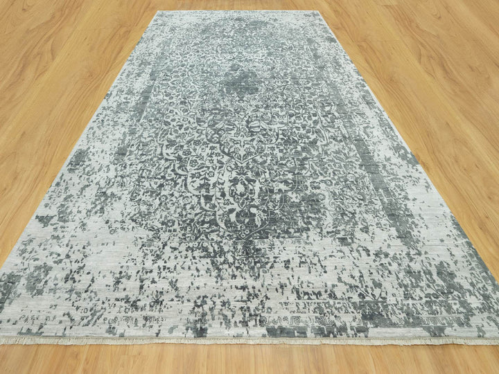12'1" x 18'0" New Hand Knotted Grey Wool & Silk Rectangle Oriental Rug - MOA10290546