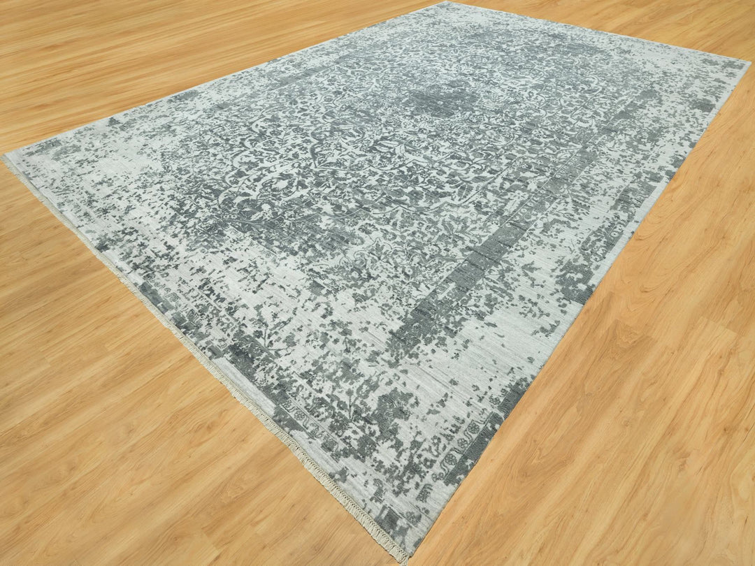 12'1" x 18'0" New Hand Knotted Grey Wool & Silk Rectangle Oriental Rug - MOA10290546