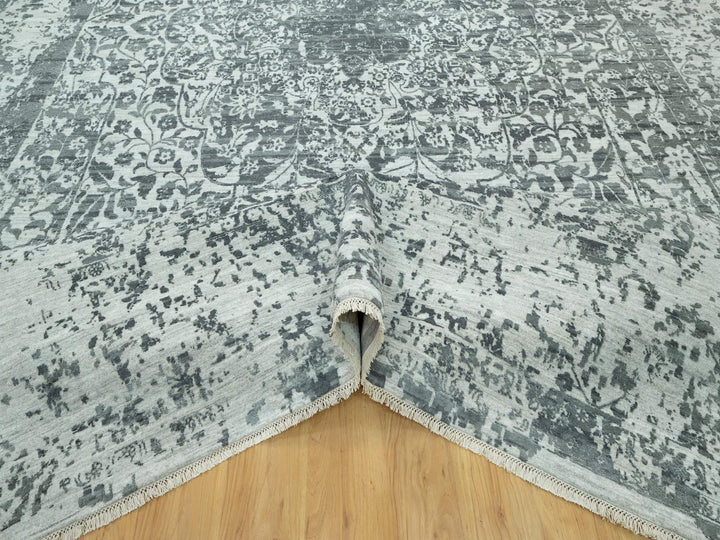12'1" x 18'0" New Hand Knotted Grey Wool & Silk Rectangle Oriental Rug - MOA10290546