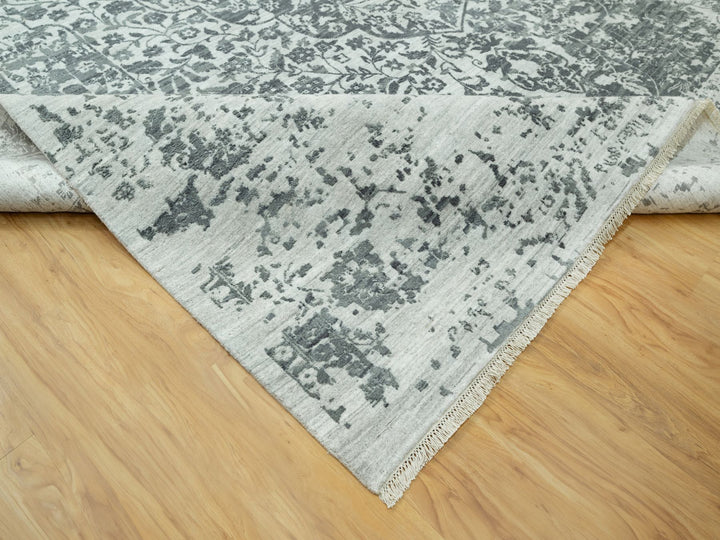 12'1" x 18'0" New Hand Knotted Grey Wool & Silk Rectangle Oriental Rug - MOA10290546