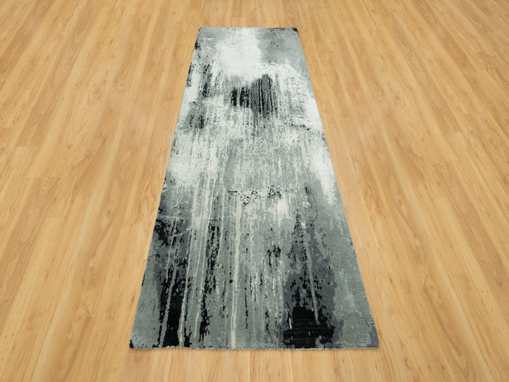 4'0" x 10'0" New Hand Knotted Black Wool & Silk Runner Oriental Rug - MOA10290547