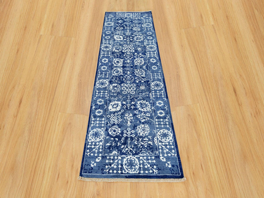 2'6" x 8'0" New Hand Knotted Blue Wool & Silk Runner Oriental Rug - MOA10290666