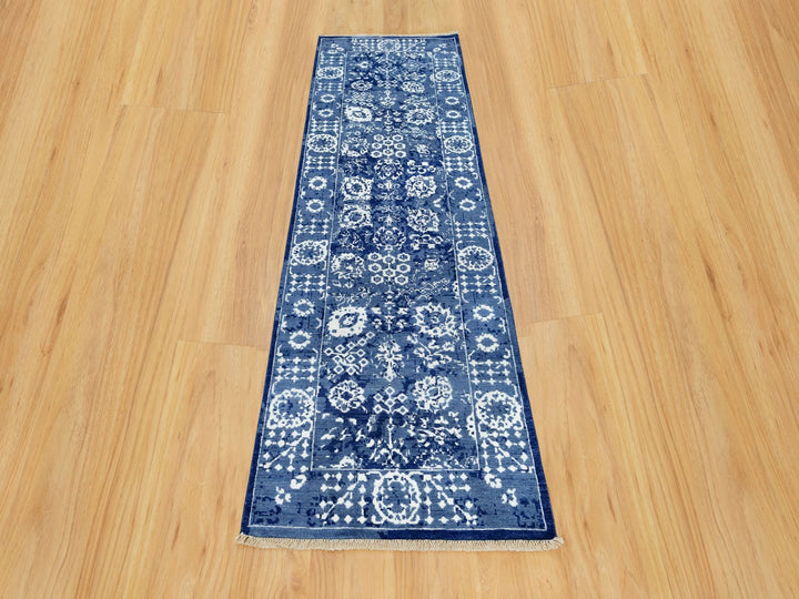 2'6" x 8'0" New Hand Knotted Blue Wool & Silk Runner Oriental Rug - MOA10290666
