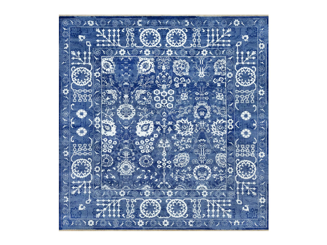 10'0" x 10'0" New Hand Knotted Blue Wool & Silk Square Oriental Rug - MOA10290669