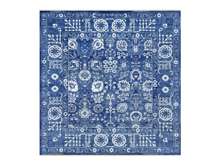 10'0" x 10'0" New Hand Knotted Blue Wool & Silk Square Oriental Rug - MOA10290669
