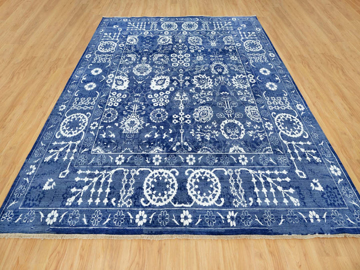 10'0" x 10'0" New Hand Knotted Blue Wool & Silk Square Oriental Rug - MOA10290669