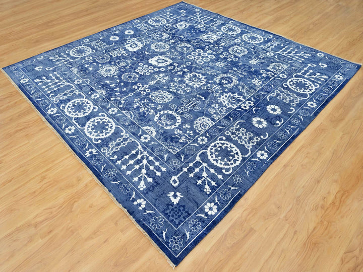 10'0" x 10'0" New Hand Knotted Blue Wool & Silk Square Oriental Rug - MOA10290669