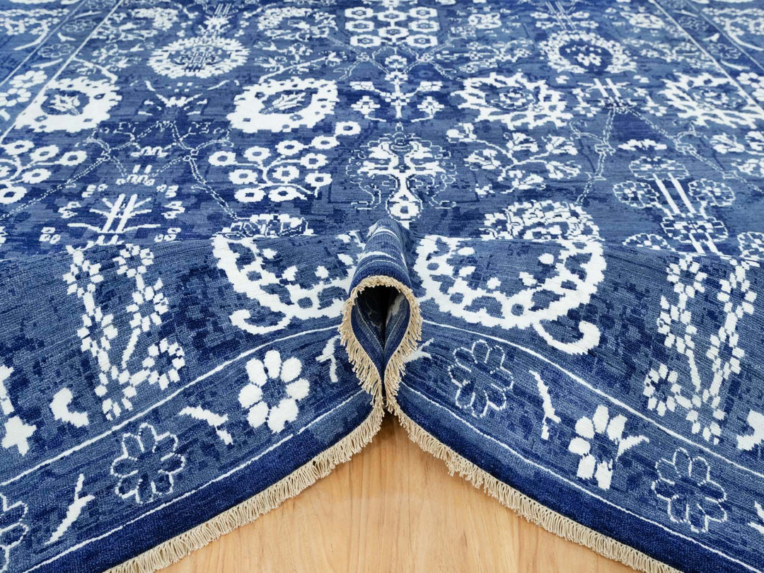10'0" x 10'0" New Hand Knotted Blue Wool & Silk Square Oriental Rug - MOA10290669
