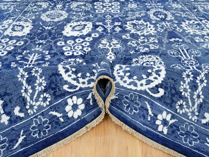 10'0" x 10'0" New Hand Knotted Blue Wool & Silk Square Oriental Rug - MOA10290669