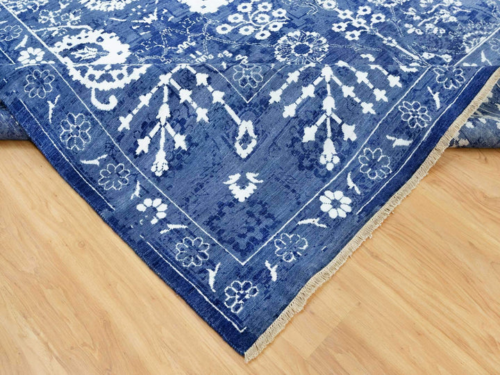 10'0" x 10'0" New Hand Knotted Blue Wool & Silk Square Oriental Rug - MOA10290669