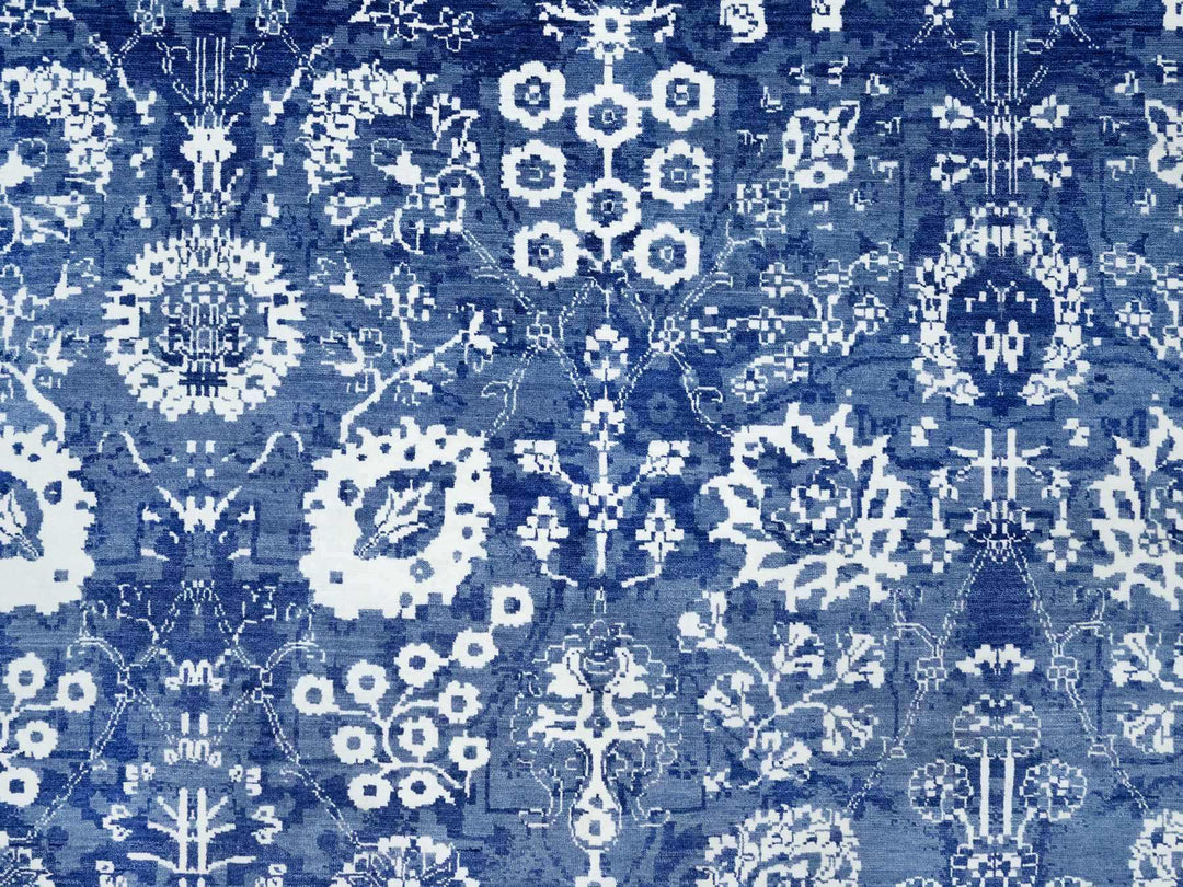 10'0" x 10'0" New Hand Knotted Blue Wool & Silk Square Oriental Rug - MOA10290669