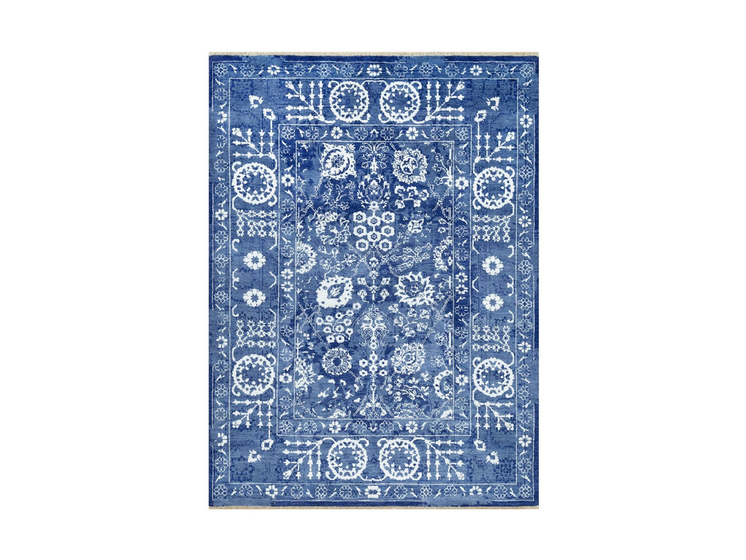 5'1" x 6'10" New Hand Knotted Blue Wool & Silk Rectangle Oriental Rug - MOA10290673