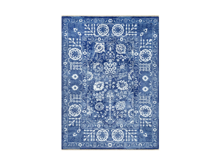 5'1" x 6'10" New Hand Knotted Blue Wool & Silk Rectangle Oriental Rug - MOA10290673
