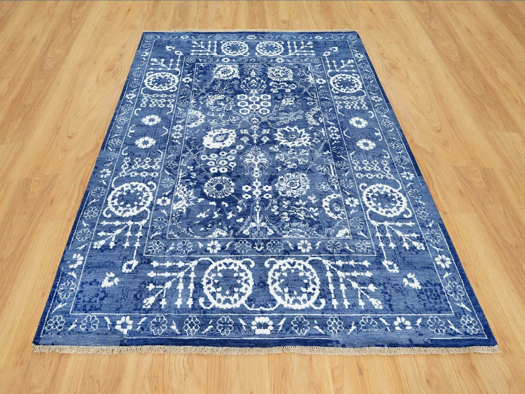 5'1" x 6'10" New Hand Knotted Blue Wool & Silk Rectangle Oriental Rug - MOA10290673