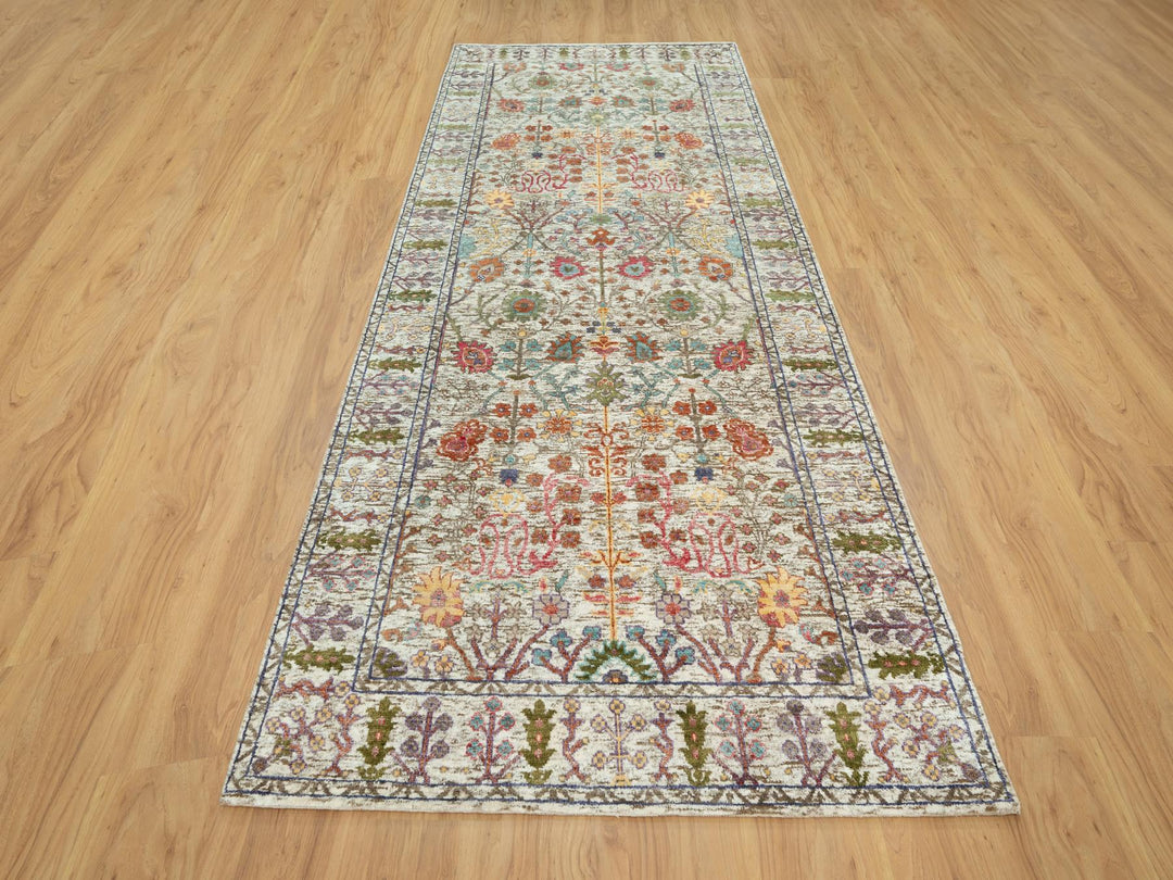 4'2" x 9'11" New Hand Knotted Beige Wool & Silk Runner Oriental Rug - MOA10290675