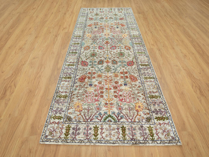 4'2" x 9'11" New Hand Knotted Beige Wool & Silk Runner Oriental Rug - MOA10290675