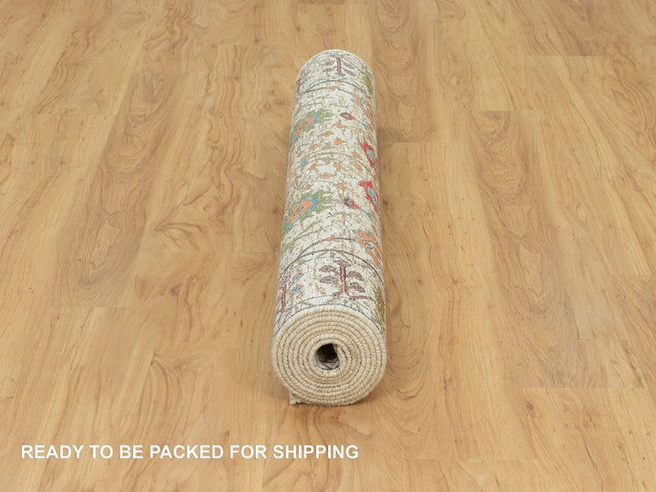 4'2" x 9'11" New Hand Knotted Beige Wool & Silk Runner Oriental Rug - MOA10290675