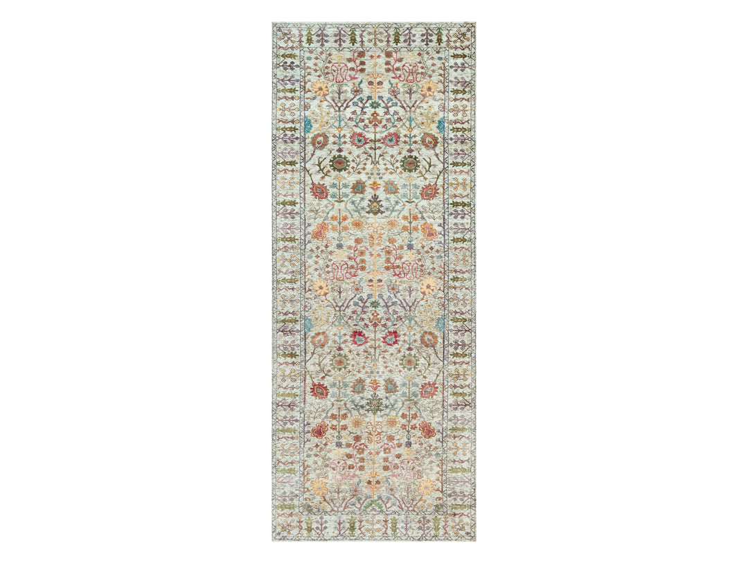 4'1" x 11'11" New Hand Knotted Beige Wool & Silk Runner Oriental Rug - MOA10290678