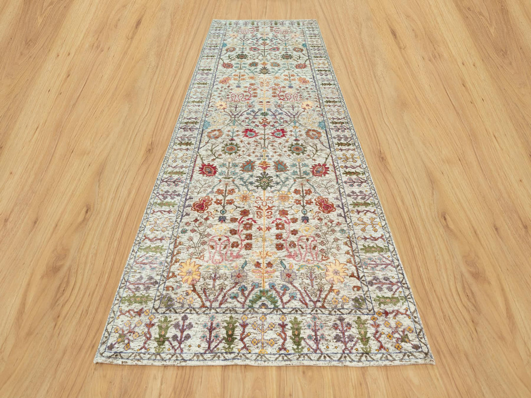 4'1" x 11'11" New Hand Knotted Beige Wool & Silk Runner Oriental Rug - MOA10290678