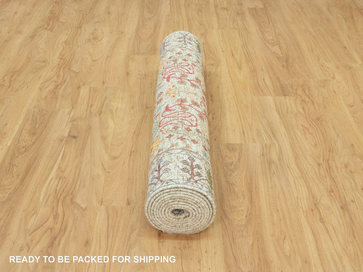 4'1" x 11'11" New Hand Knotted Beige Wool & Silk Runner Oriental Rug - MOA10290678