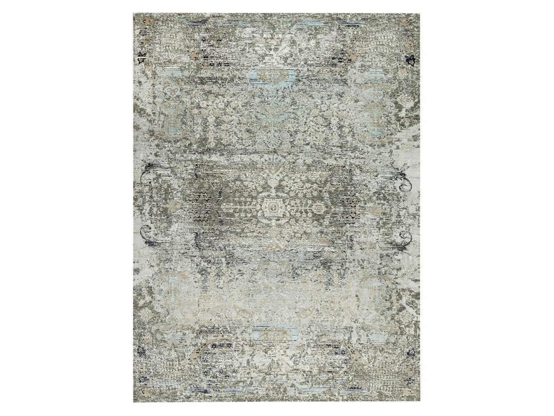 9'0" x 12'0" New Hand Knotted Grey Wool & Silk Rectangle Oriental Rug - MOA10290679