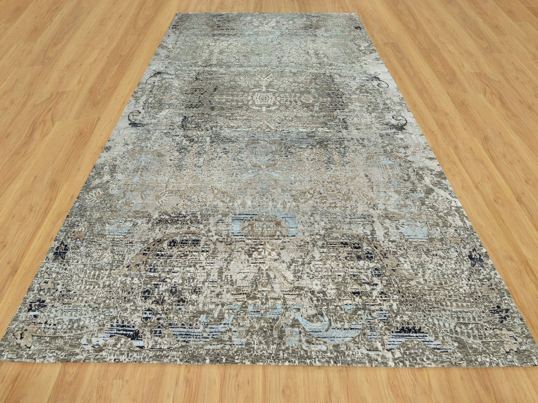 9'0" x 12'0" New Hand Knotted Grey Wool & Silk Rectangle Oriental Rug - MOA10290679