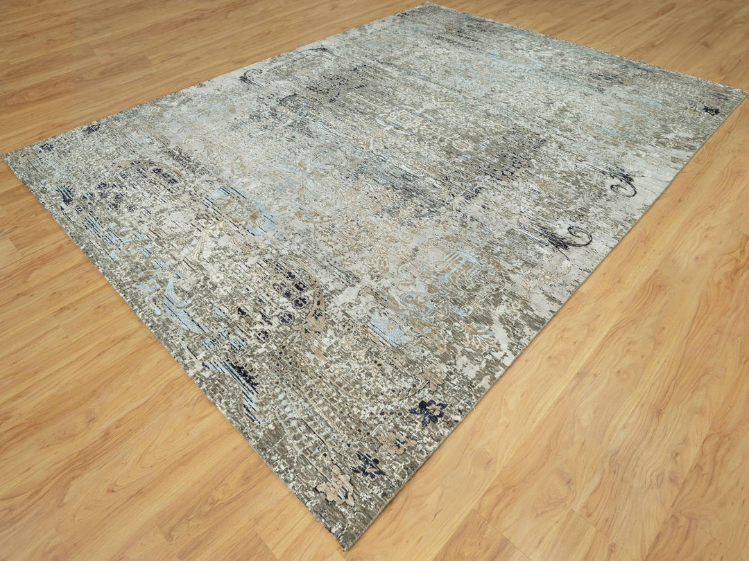 9'0" x 12'0" New Hand Knotted Grey Wool & Silk Rectangle Oriental Rug - MOA10290679
