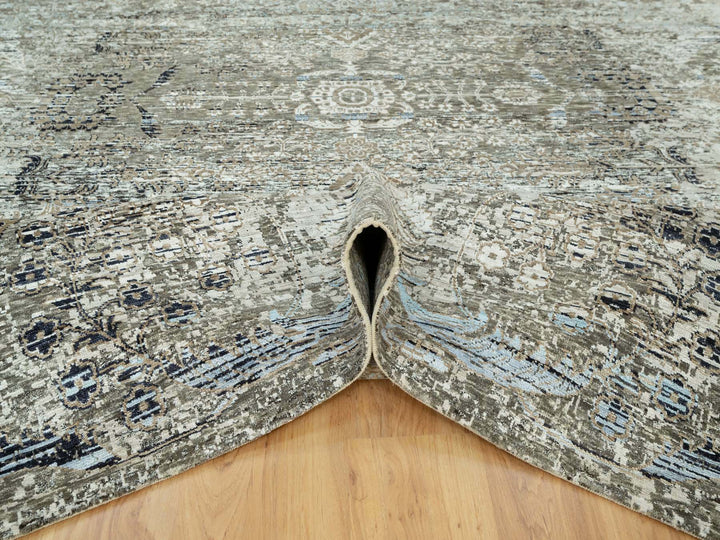 9'0" x 12'0" New Hand Knotted Grey Wool & Silk Rectangle Oriental Rug - MOA10290679