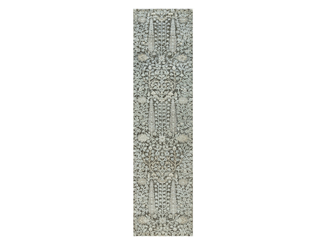 2'6" x 10'0" New Hand Knotted Grey Wool & Silk Runner Oriental Rug - MOA10290680