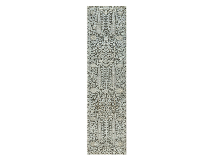 2'6" x 10'0" New Hand Knotted Grey Wool & Silk Runner Oriental Rug - MOA10290680