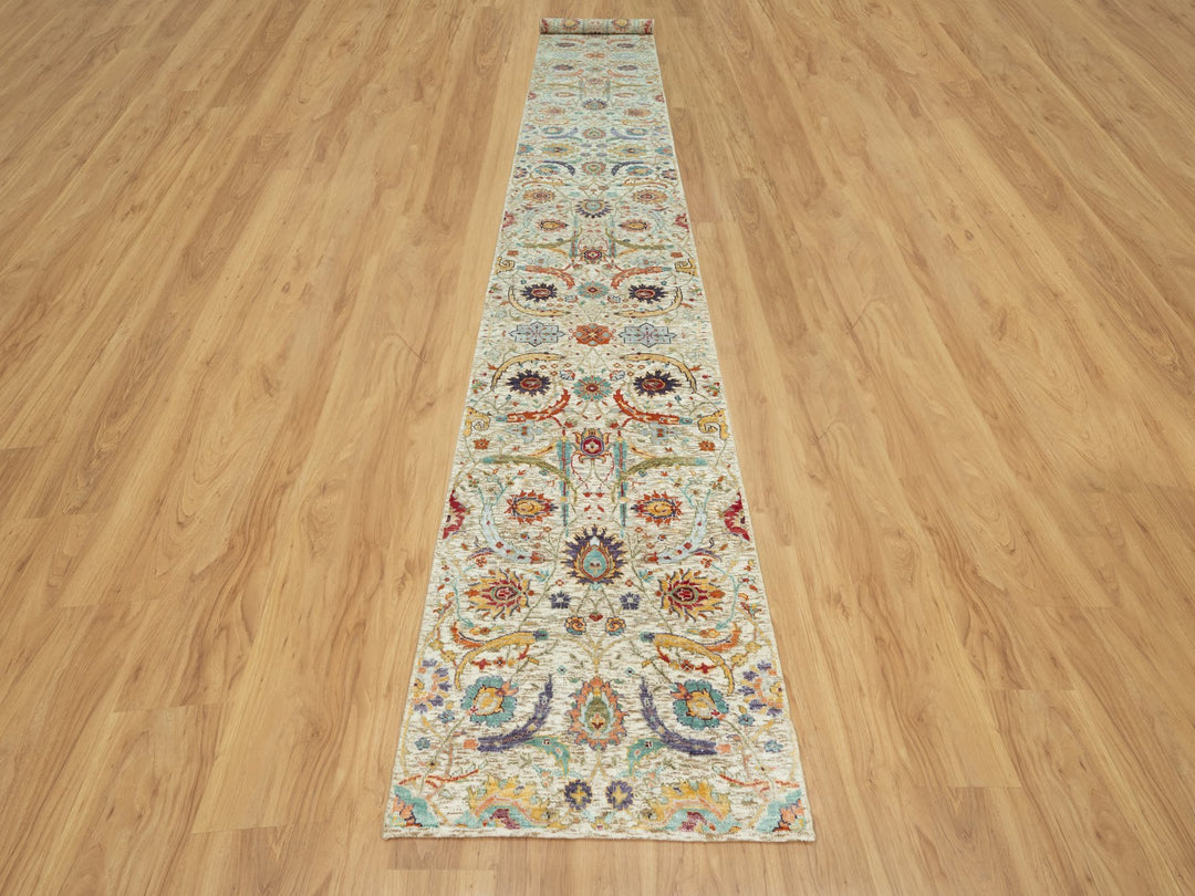 2'7" x 17'11" New Hand Knotted Beige Wool & Silk Runner Oriental Rug - MOA10290681