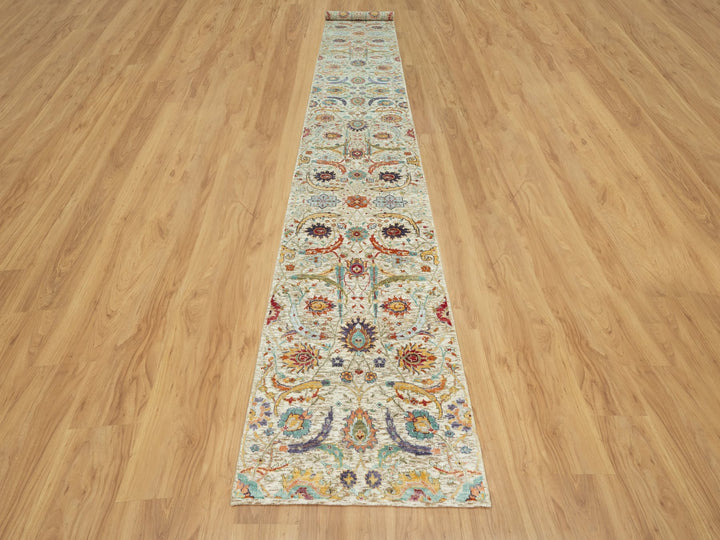2'7" x 17'11" New Hand Knotted Beige Wool & Silk Runner Oriental Rug - MOA10290681