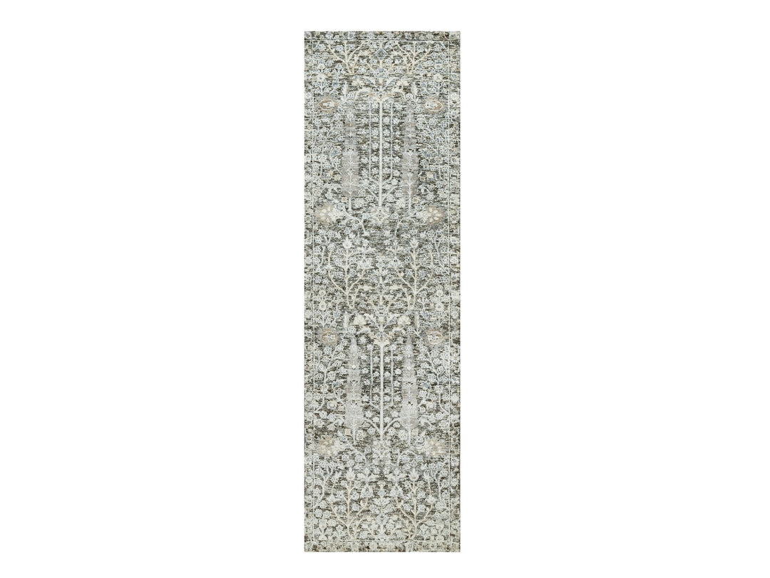 2'4" x 8'1" New Hand Knotted Grey Wool & Silk Runner Oriental Rug - MOA10290684