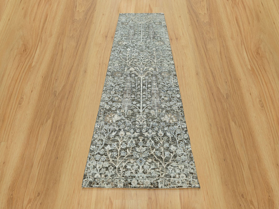 2'4" x 8'1" New Hand Knotted Grey Wool & Silk Runner Oriental Rug - MOA10290684