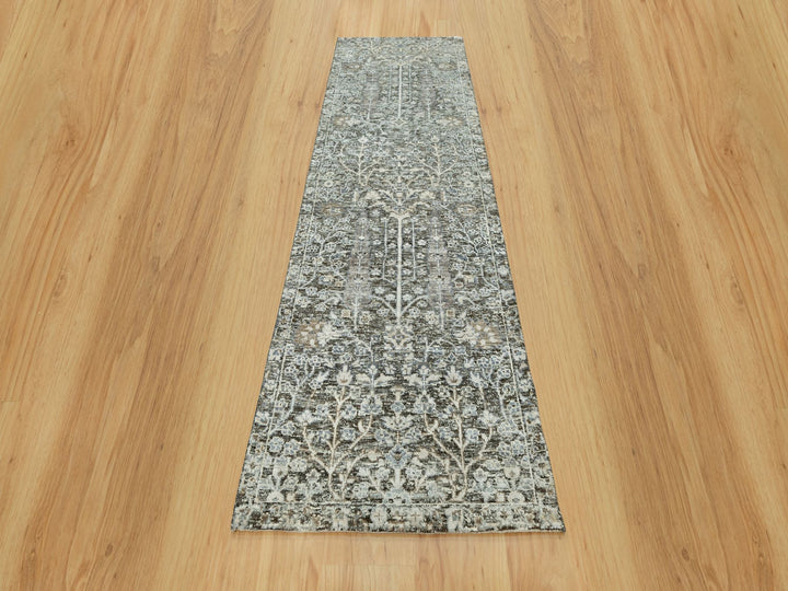 2'4" x 8'1" New Hand Knotted Grey Wool & Silk Runner Oriental Rug - MOA10290684